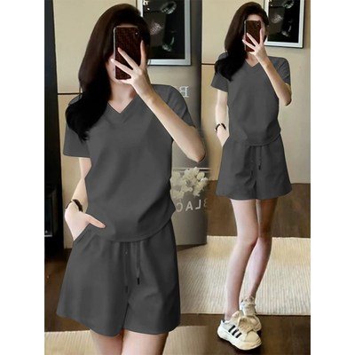 美式炸街休闲运动服套装女夏季V领短袖短裤辣妹修身小个子两件套