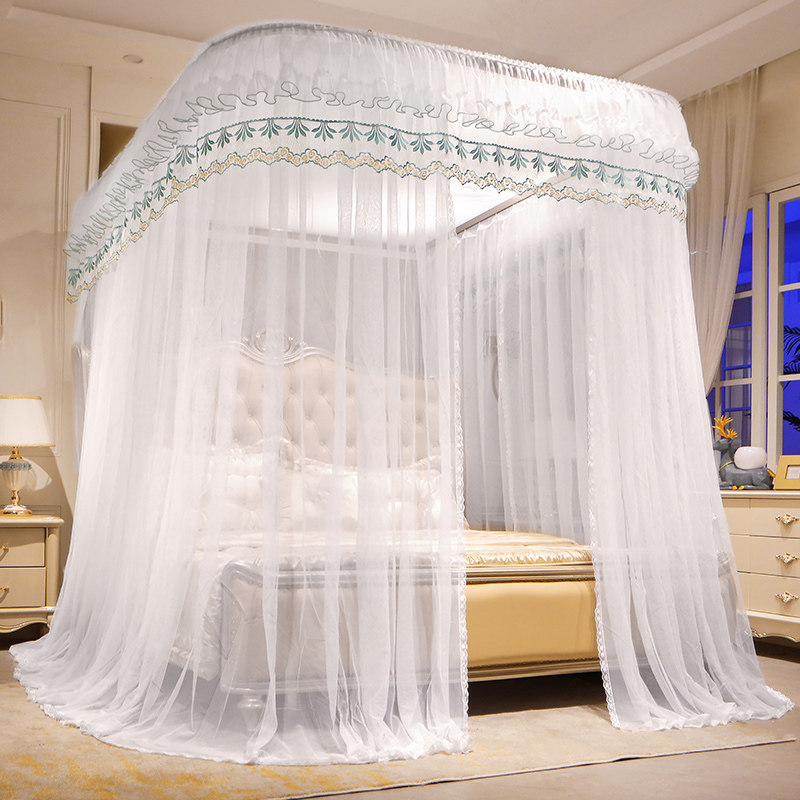 U型导轨蚊帐家用三开门滑轮轨道公主风免打孔落地纱幔2021新款