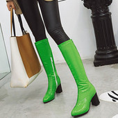 黄色女靴绿色漆皮高筒靴桔色靴子粗跟漆皮高筒靴大码