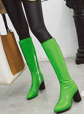 黄色女靴绿色漆皮高筒靴桔色靴子粗跟漆皮高筒靴大码44 45 46 47