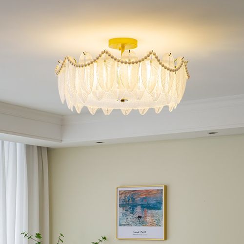 法式奶油风羽毛吸顶灯主卧室轻奢现代房间灯网红温馨浪漫玻璃灯具