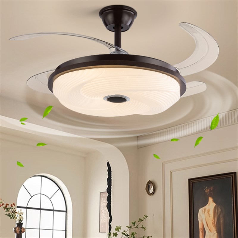 中古风扇灯餐厅卧室复古胡桃木色隐形电扇蓝牙音箱客厅护眼吊扇灯