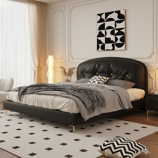 法式复古黑色真皮床现代简约头层牛皮软包双人公主床1米8主卧大床