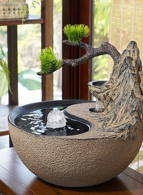 新中式桌面流水摆件室内家居客厅茶室电视柜禅意水景水晶球小景观