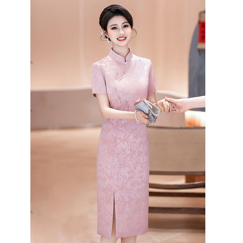 粉色旗袍2025新喜婆婆婚宴装婚礼订婚妈妈礼服结婚旗袍夏季年轻款