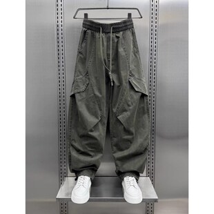 直筒多口袋休闲裤 加肥大码 男女夏季 裤 潮2 300斤机能风褶皱阔腿工装