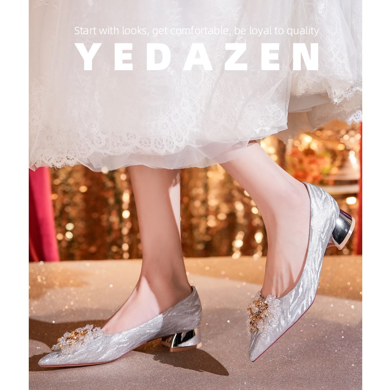 水钻高跟鞋女粗跟银色婚鞋禾秀婚纱两穿2025新款尖头法式温柔单鞋