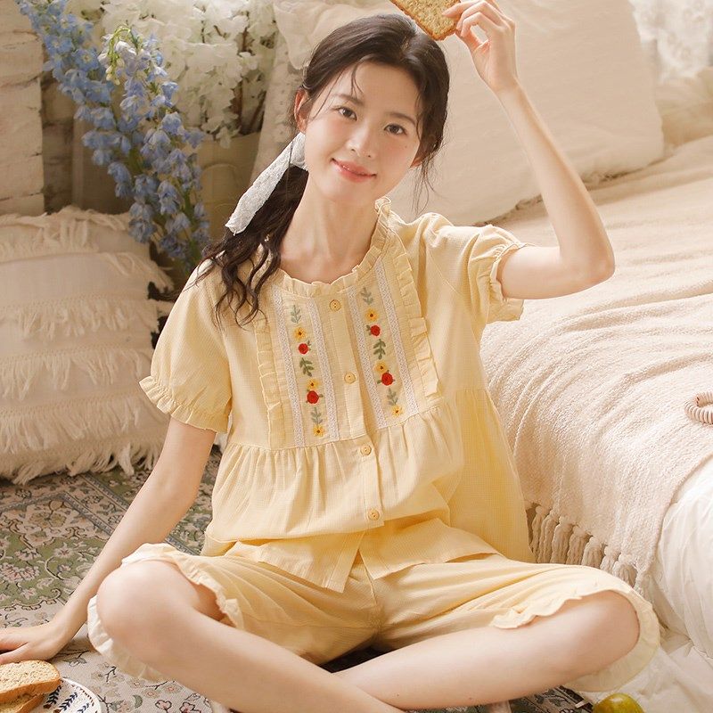 眠岛夏款睡衣女短袖五分短裤甜美小清新刺绣开衫款可外穿套装