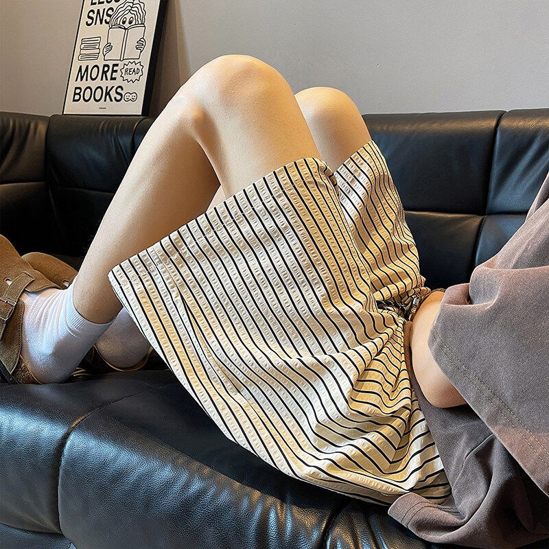 日系复古条纹居家短裤男夏日松弛感裤子薄款宽松大裤衩夏季五分裤