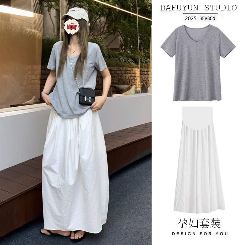 孕妇套装春夏季2025新款宽松纯棉上衣宽松t恤+中长款半身裙两件套