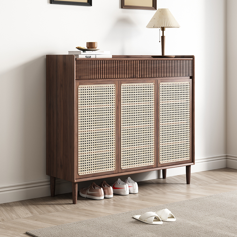 中古风实木藤编鞋柜家用门口复古收纳储物柜入户门厅玄关鞋柜一体