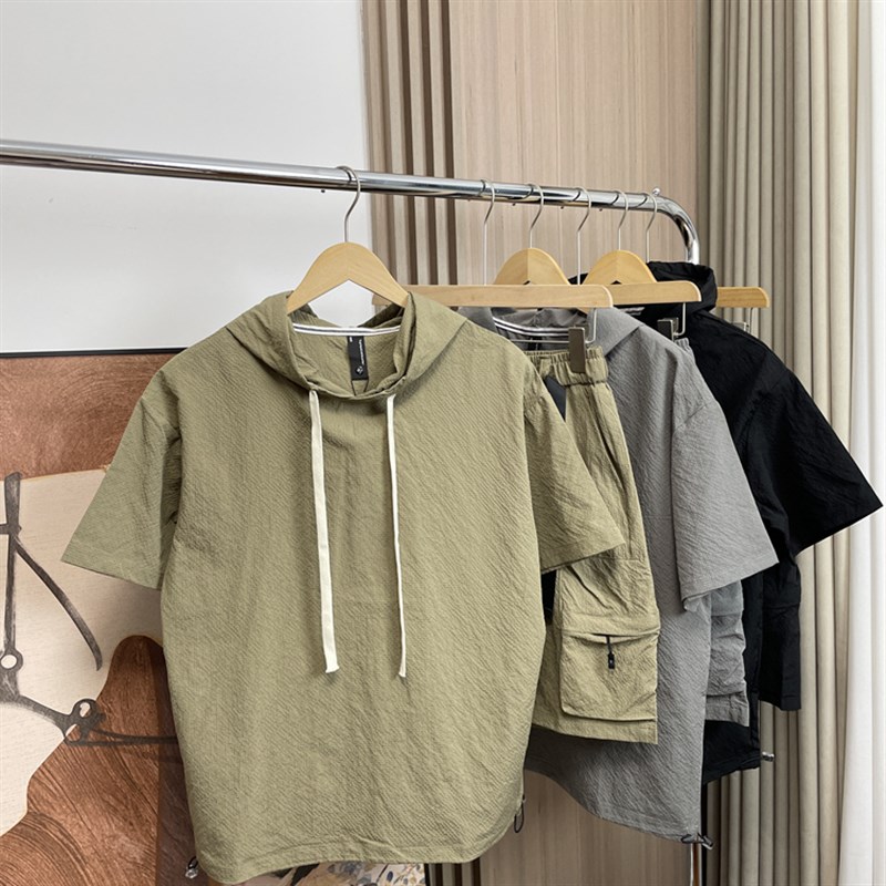 一套巨舒服!冰丝凉感!外贸男装夏季连帽运动休闲短袖短裤套装潮