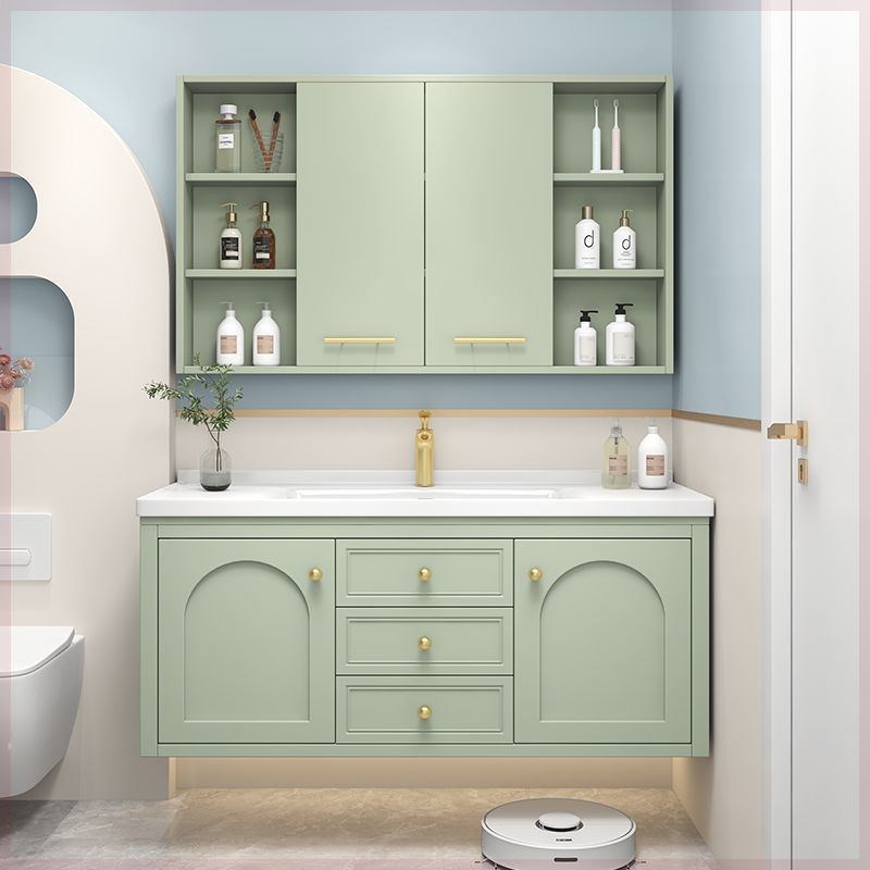 橡木隐藏风水镜柜77/87/97/107/117CM陶瓷一体盆浴室柜组合洗漱台