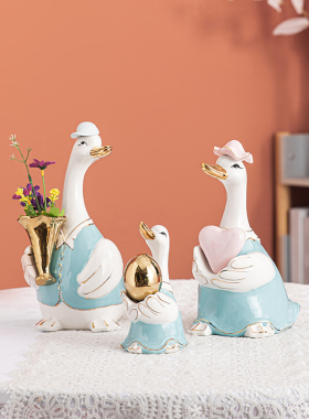 创意陶瓷现代简约轻奢可爱酒柜装饰品手工艺品客厅家居鸭插花摆件