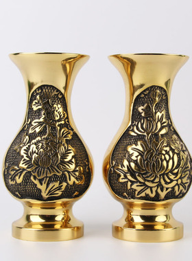 家居装饰摆件观音供佛花瓶纯铜仿古牡丹莲花客厅插花摆设佛具用品