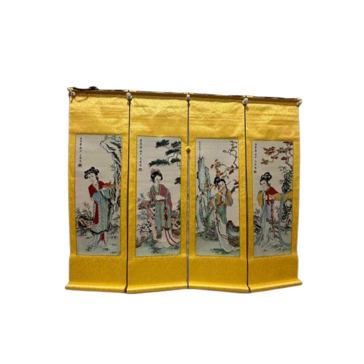 装裱好刺绣四条屏有山水花鸟人物精品十字绣收藏摆家挂办公室挂画