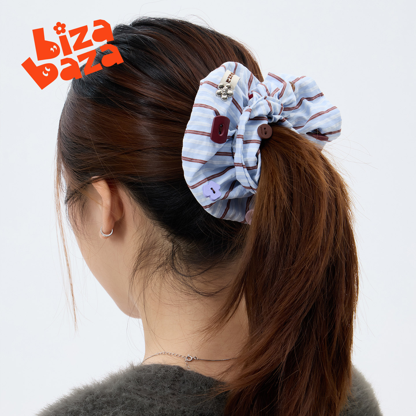 bizabaza高级感条纹布艺烫钻发饰大肠发圈礼物纽扣发圈女生头饰