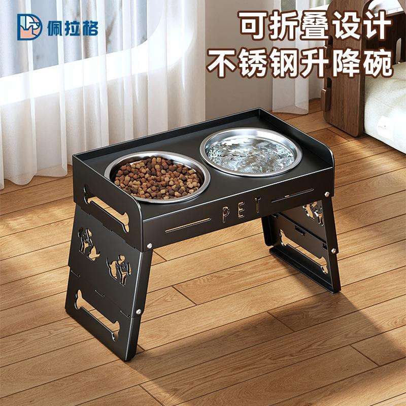 新款折叠收纳不锈钢狗碗防打翻升降宠物碗大型犬狗狗碗慢食盆跨境