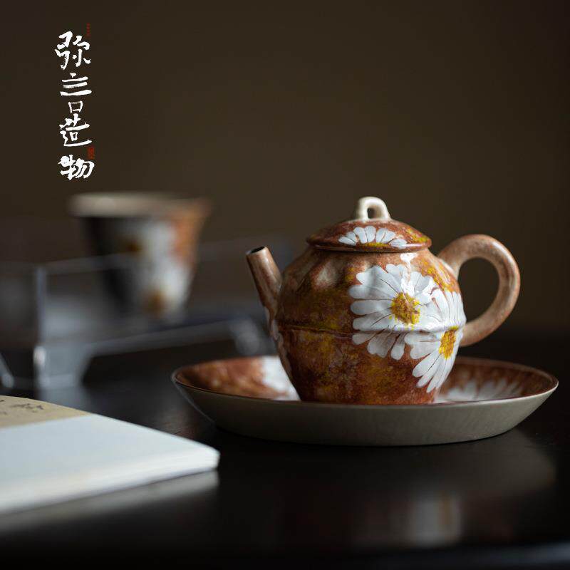 弥言纯手工粗陶泡茶壶釉下彩手绘雏菊茶壶单壶带过滤薄胎复古茶器