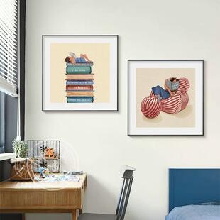 爱读书的大人孩子儿童房装饰画卧室床头客厅沙发壁画书房看书挂画