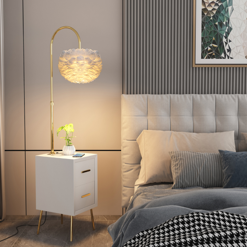 羽毛落地灯客厅卧室床头柜u高级氛围感置物架摆件网红轻奢台灯一