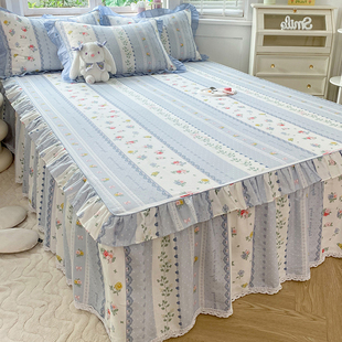 全棉床裙单件2024新款 纯棉花边全围床单枕套三件套床罩套裙边床笠