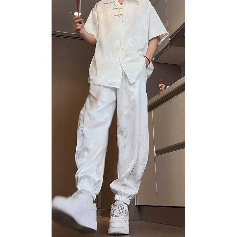 新中式龙纹衬衫冰丝套装男款夏季薄款宽松束脚裤中国风休闲裤一套