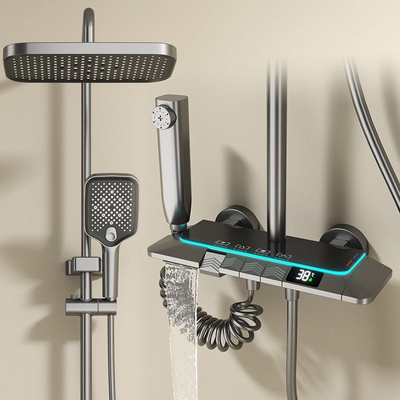 源头厂家枪灰水镀花洒套装数显全铜浴室淋浴器氛围灯沐浴花洒喷头