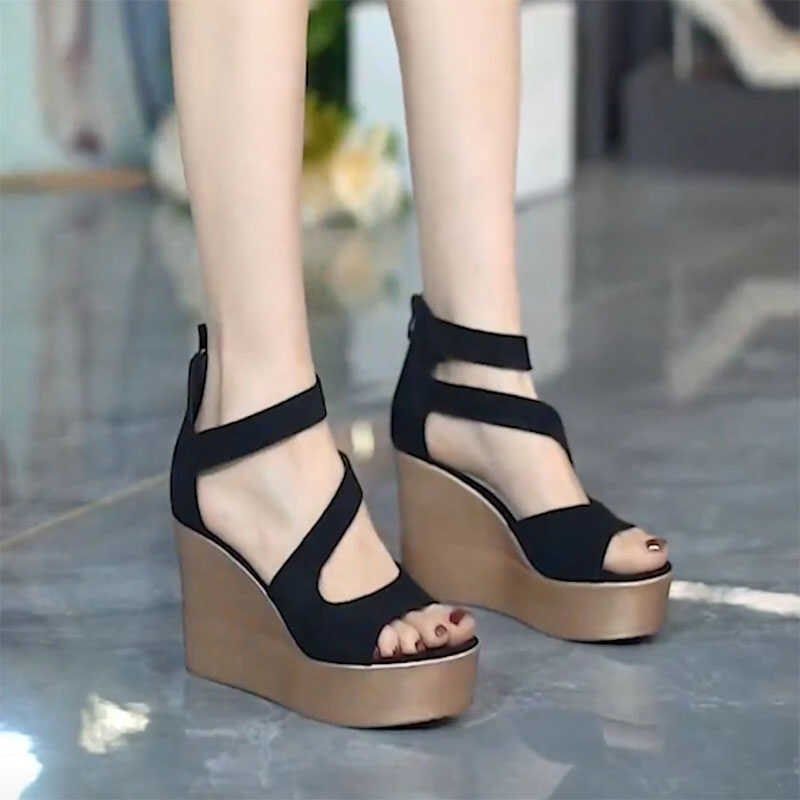 真皮厚底坡跟凉鞋女2024年新款绒面防水台小个子松糕鞋镂空高跟鞋,女鞋,罗马凉鞋,淘宝优惠券,粉丝福利购,淘宝优惠卷