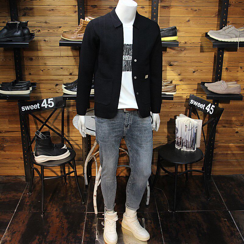 秋冬男针织开衫外套简约净版修身小翻领时尚青年帅气毛衣外搭夹克