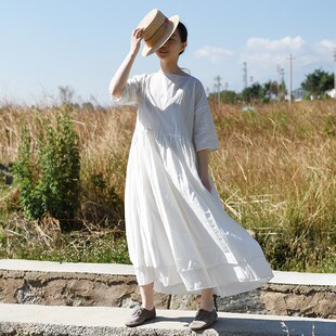 棉麻连衣裙2025新款夏法式复古裙过膝很仙女超仙森系气质长款长裙