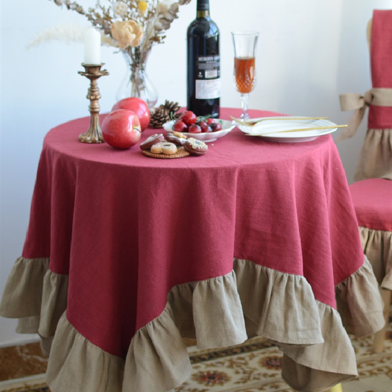 餐桌布法式高档棉麻长桌大圆桌复古红色荷叶边家用定制纯色盖布