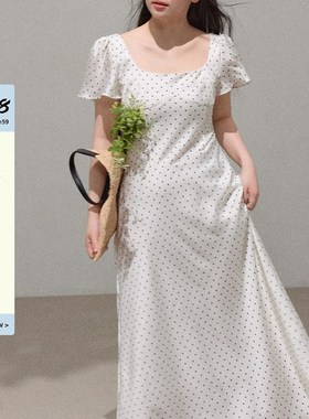 潘布娟加码女装微胖mm看起来很棒白色方领圆点连衣裙重要场合显瘦