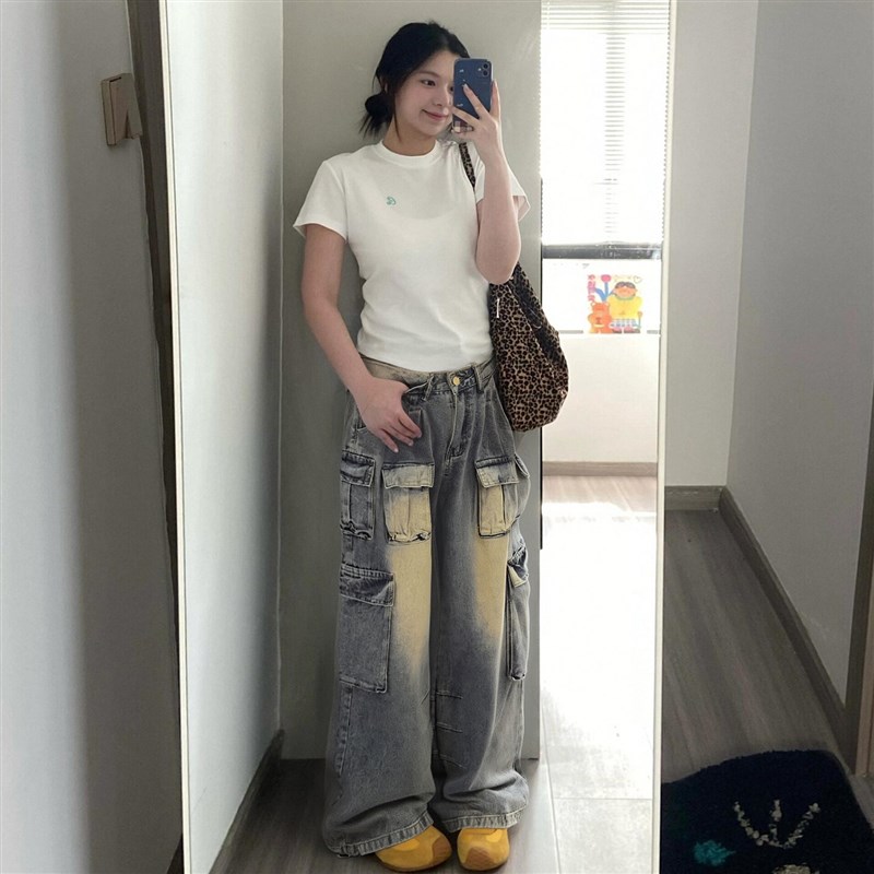 300斤大尺码女装覆古街头风工装牛仔裤女胖mm显瘦裤子设计感阔腿