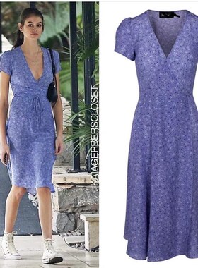 小鱼自制22夏季法式小众真丝紫色碎花高腰V领显瘦茶歇连衣裙中长