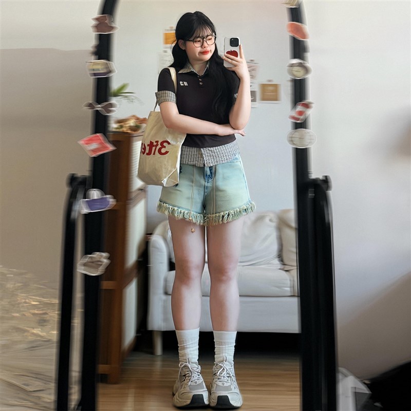 300斤大尺码女装胖mm蓝色阔腿牛仔短裤女高腰显瘦小众设计感a字热