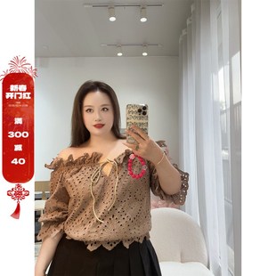 上衣200斤胖mm镂空棉麻小衫 限定49元 露肩短款 女装 美拉德色大码