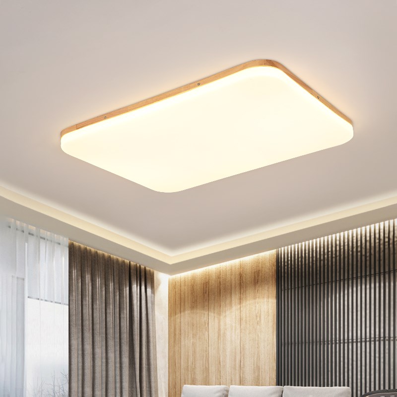 北欧原木艺吸顶灯薄款长方形实木客厅卧室led房间木质日式led灯具
