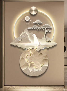 九鱼图入户门玄关装饰画灯画轻奢高级感壁画走廊过道挂画流水生财