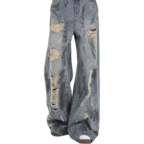 扎染废土风做旧复古破洞牛仔裤女夏季美式宽松垂感直筒阔腿裤子潮