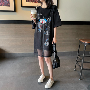 气质裙子宽松网纱拼接胖mm大码 法式 女装 新款 卡通连衣裙女 2021夏装