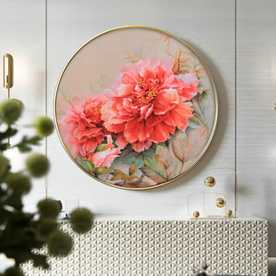 新中式圆形花开富贵玄关装饰画牡丹进门入户背景墙壁挂画现代简约