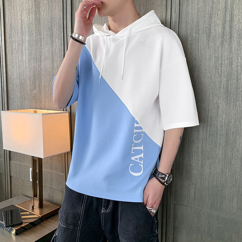 连帽短袖t恤男夏季宽松潮流5分半袖体桖上衣服青少年丅血潮牌卫衣