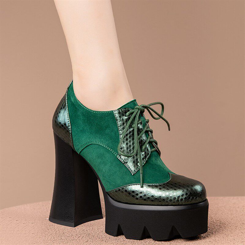 2024新款防水台深口单鞋女真皮粗跟圆头超高跟鞋绑带裸靴英伦短靴