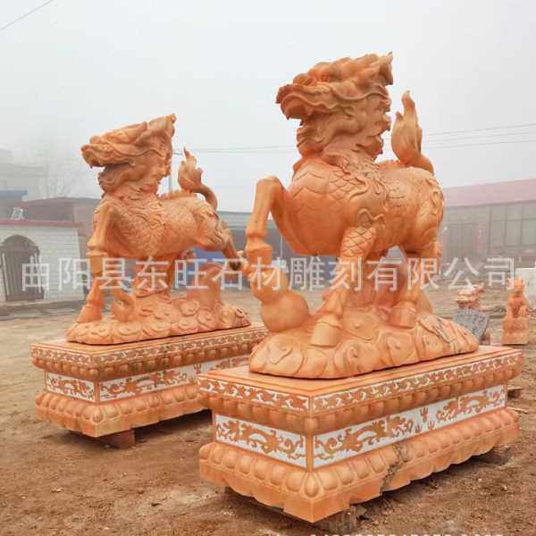 石雕晚霞红麒麟青石龙爪麒麟一对酒店公司门口瑞兽摆件动物雕塑