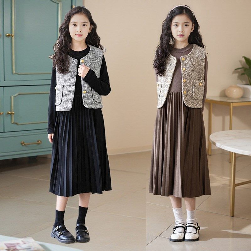 女童连衣裙秋冬款文艺套裙新款儿童礼服裙装气质高级感女孩百褶裙
