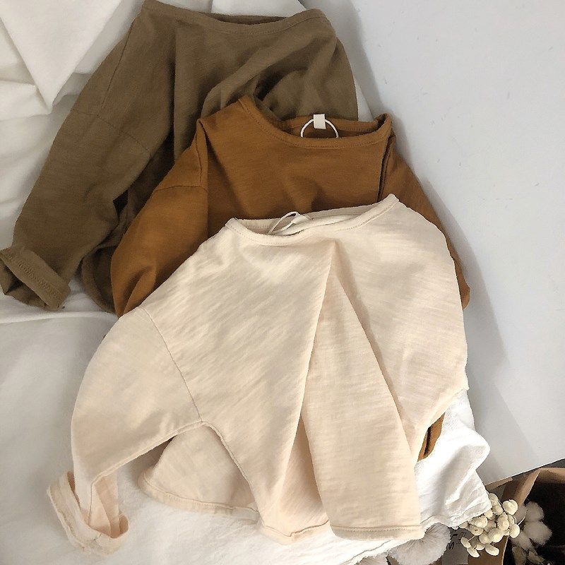 亲肤软糯  秋装韩国儿童纯色宽松廓形竹节棉长袖T恤打底衫上衣