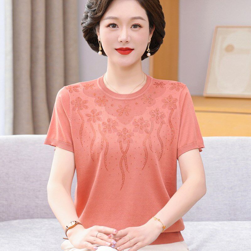 妈妈夏装冰丝小衫洋气提花上衣中老年女大码宽松针织短袖T恤套装