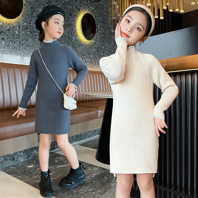 女童毛衣裙加绒冬装儿童中长款连衣裙洋气时髦蕾丝开叉针织打底衫