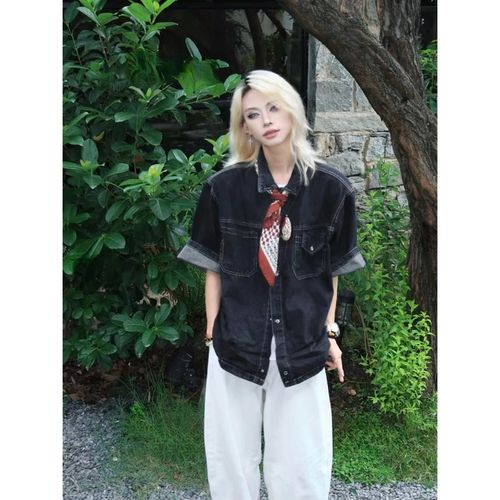 复古港风时尚辑明线短袖牛仔衬衫阔腿慵懒垂感白牛直筒牛仔裤套装